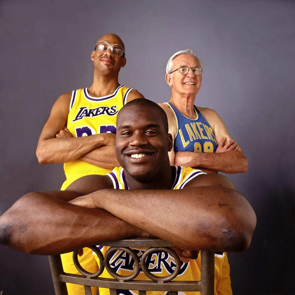 Legendary Lakers' Hall of Famers Kareem Abdul-Jabbar, Shaquille O'Neal, and George Mikan pictured together in 1996