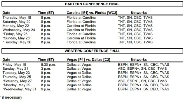NHL released the conference finals schedule on May 16, 2023.