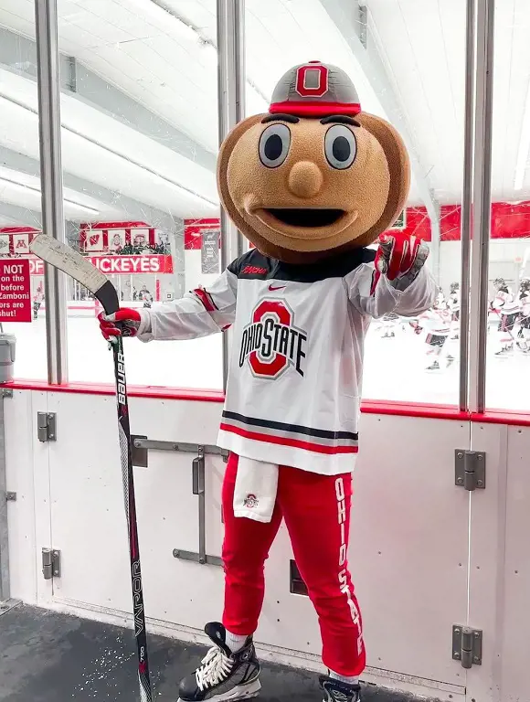 Buckeye wearing Ohio State printed T-shirt holding hockey stick .