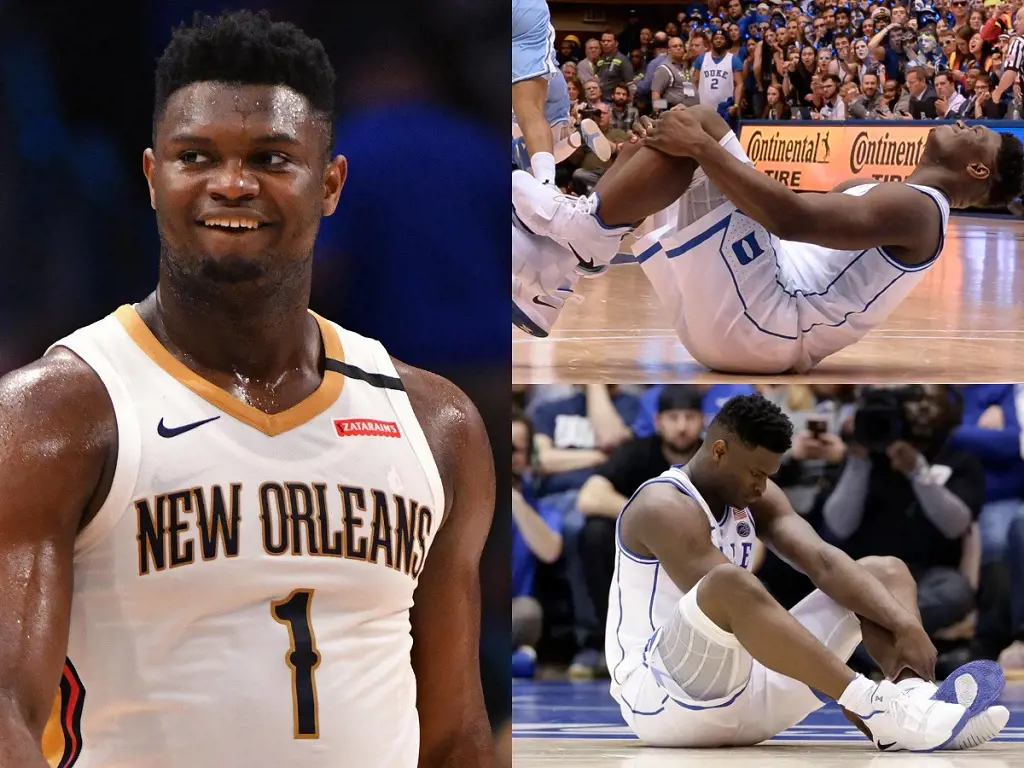 Zion sits on the floor following a knee injury during the first half game against North Carolina in 2019