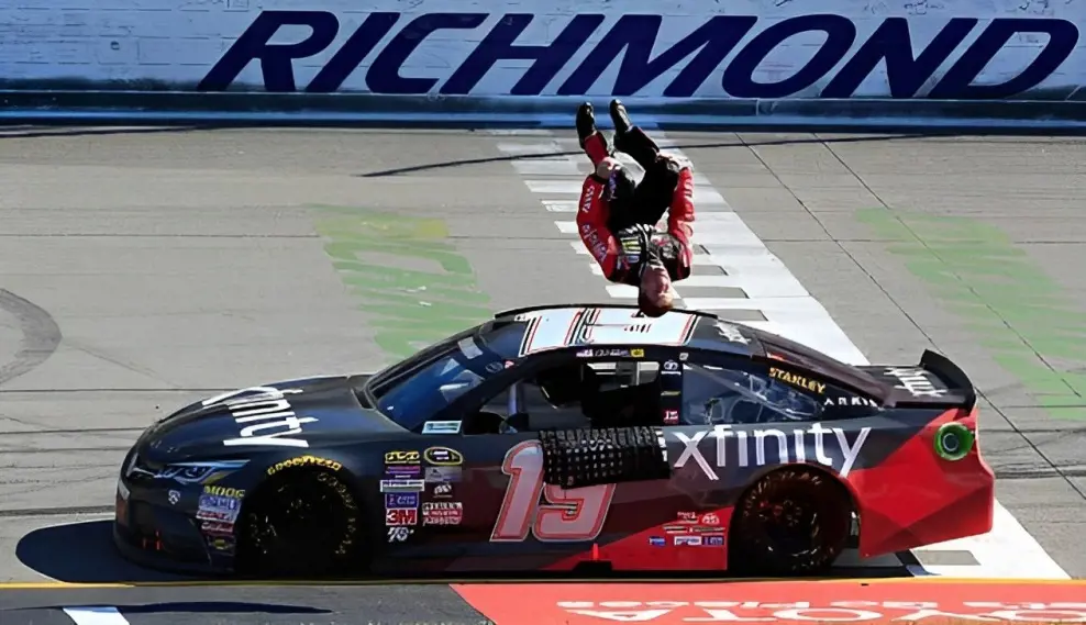 Carl Edwards and his iconc and signature celebration after a win at the Richmond Raceway
