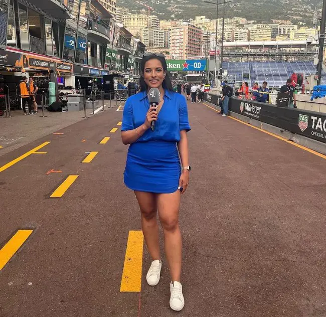 Ariana Bravo broadcasting for Channel 4 at Monaco's Formula 1 Grand Prix on 29 May 2022. 