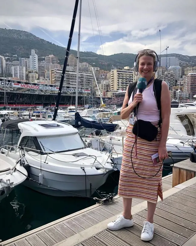 Jennie Gow broadcasting the Monaco Grand Prix live from F1 Paddock on BBC Radio 5 Live on 28 May 2022.