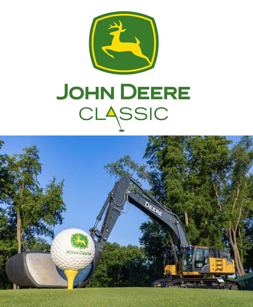 John Deere Classic logo at the top and a big John Deere farm machinery fitted with golf club hitting a huge golf ball.