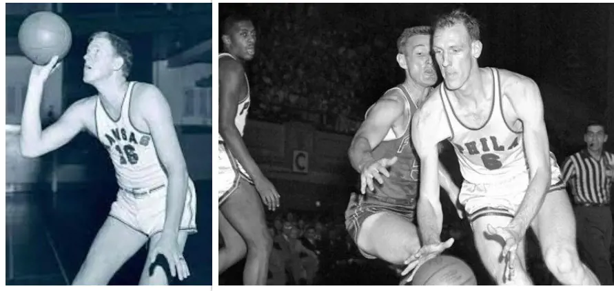 Clyde Lovellette on the left and Neil Johnston on the right picture during gameplay.