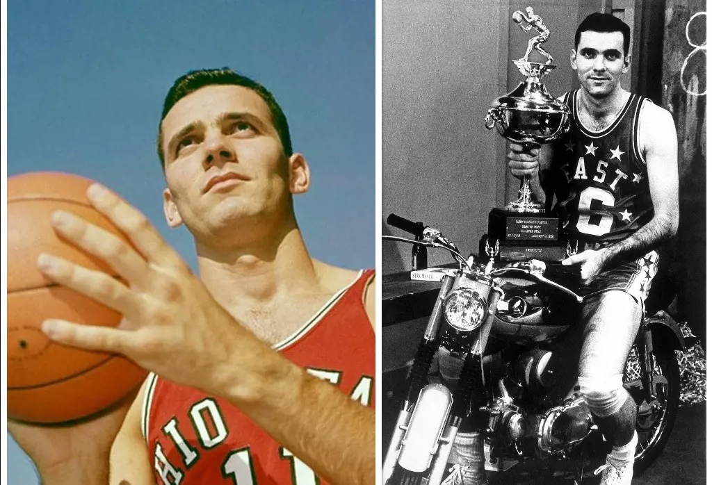 Jerry Lucas of the Cincinnatti Royals holding the trophy after his team won in 1965.