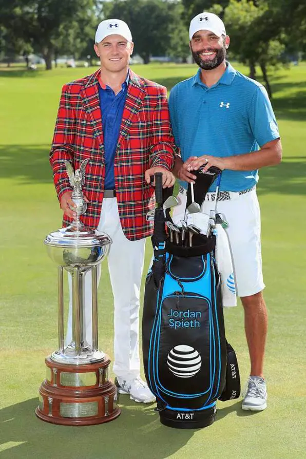 Jordan with his caddy after winning 2016 Dean &DeLuca Invitational on May 29
