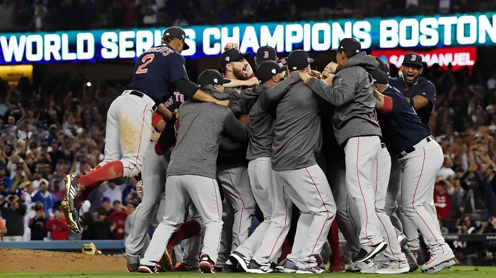 The Boston Red Sox players celebrating their World Series win in 2018