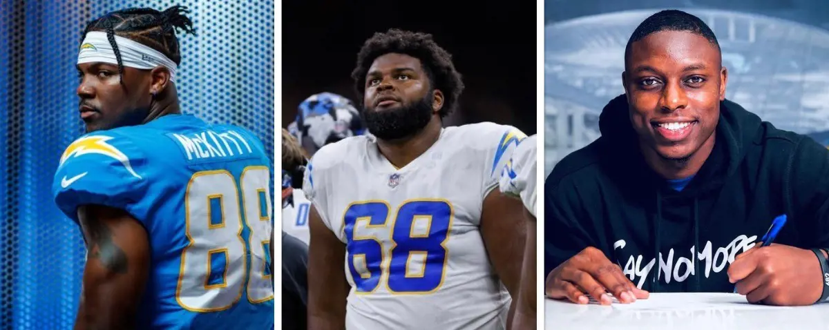 McKitty, Salyer, and Webb Jr. (from left to right in order) make up a part of the Chargers' 2023 roster.
