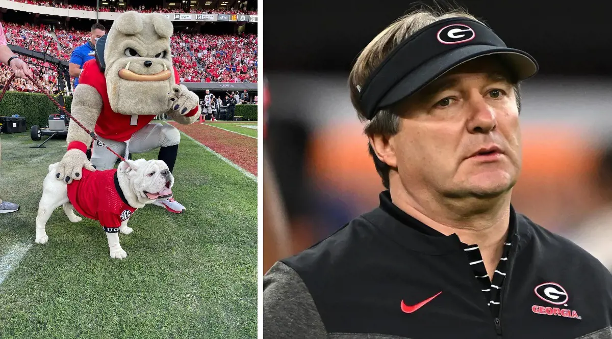 Costumed Hairy Dawg (top in left photo) with the UGA mascot Uga X in 2022. Kirby Smart (right photo) is the current head coach of the UGA Bulldogs.