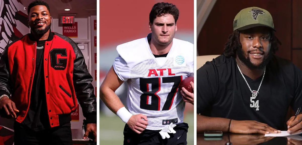 Carter, FitzPatrick, and Shaffer (from left to right in order) play for the NFL Atlanta Falcons.