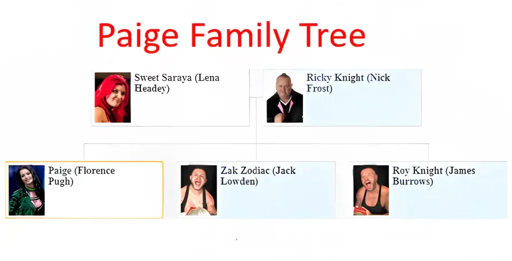 Family Tree of Paige with the name of reel characters on bracket.