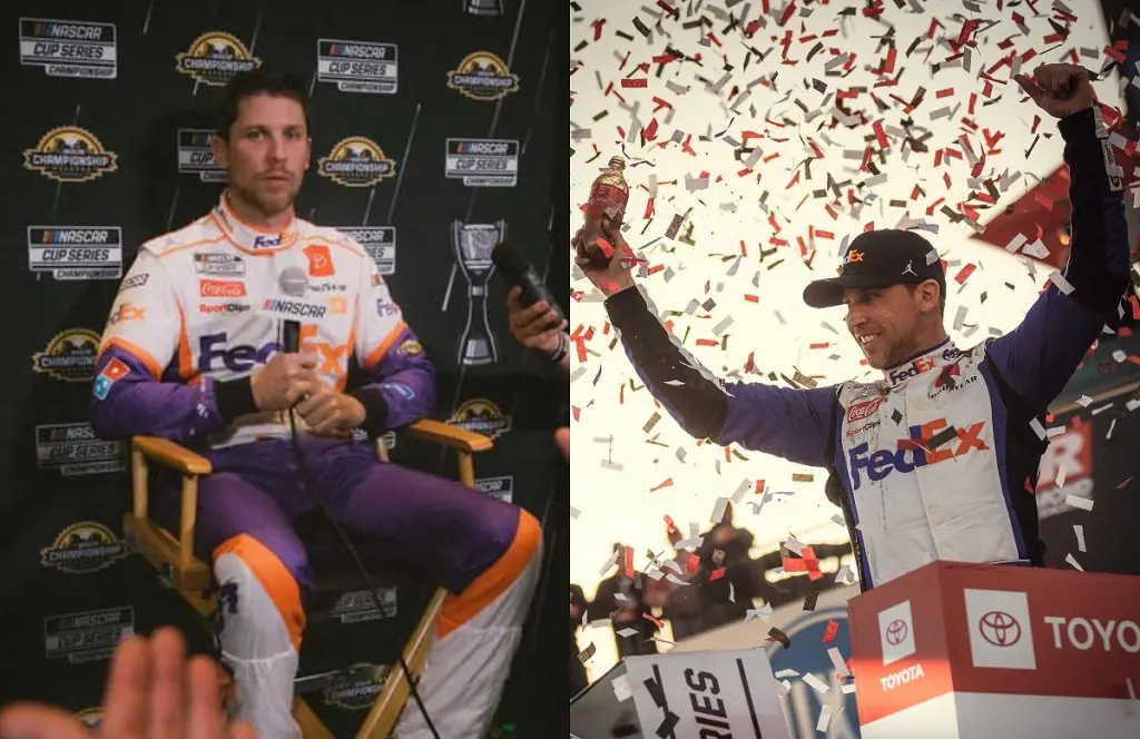 Denny Hamlin celebrates after a win at the GEICO 500 in April 2022