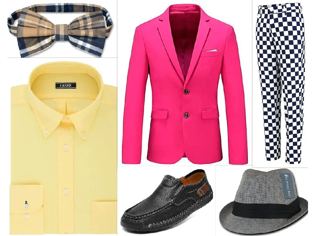 Kentucky Derby outfit combo features a hot pink blazer, plaid pants, shirts and loafer