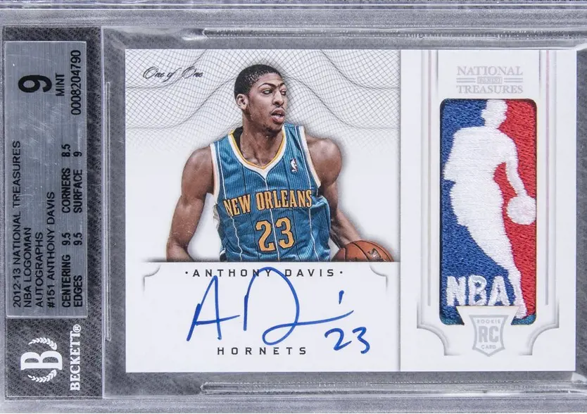 The 2012-13 National Treasures (RPA) Anthony Davis Signed NBA Logoman Patch rookie card 