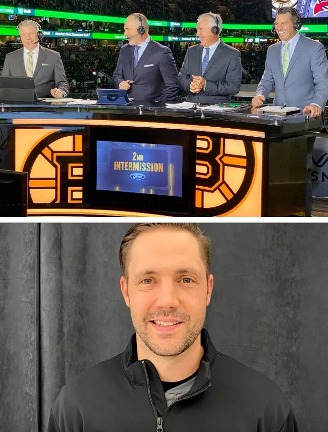 Dale with Pederson, Jaffe, and Raycroft (from left to right in the upper picture) at the 2021 Boston season opener.