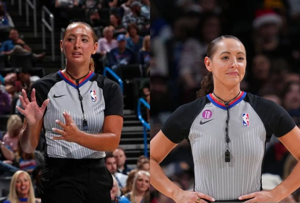 Ashley Moyer in sweat while officiating an NBA game in April 2021