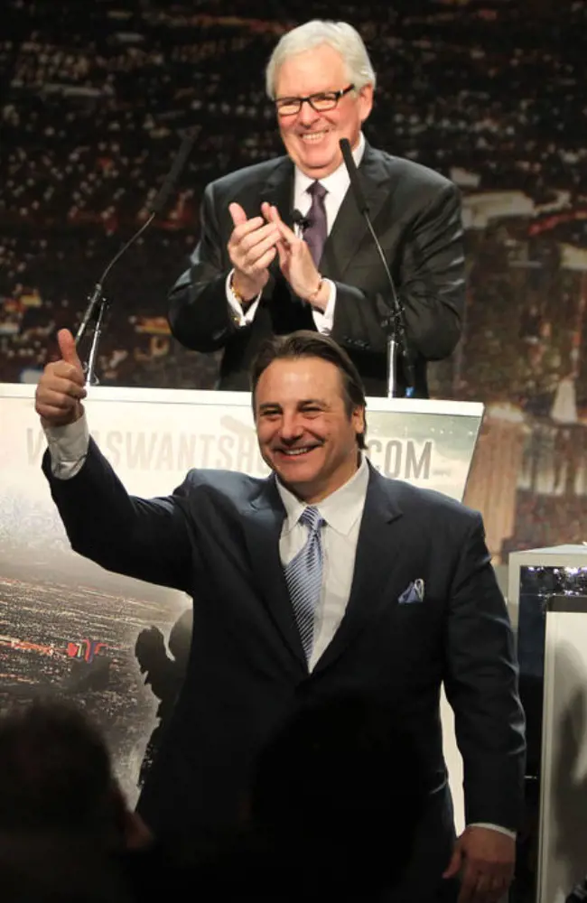 Gavin Maloof and Foley (center rear) celebrating the announcement of the Golden Knights in February 2015.