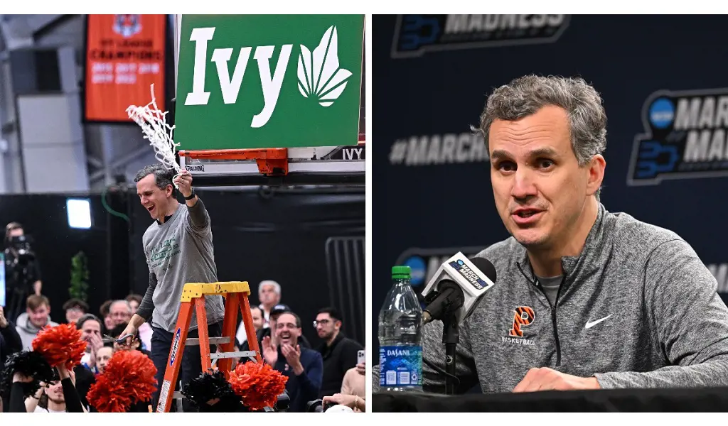 Henderson (left photo) celebrating Princeton's win at the Ivy League in March 2023.