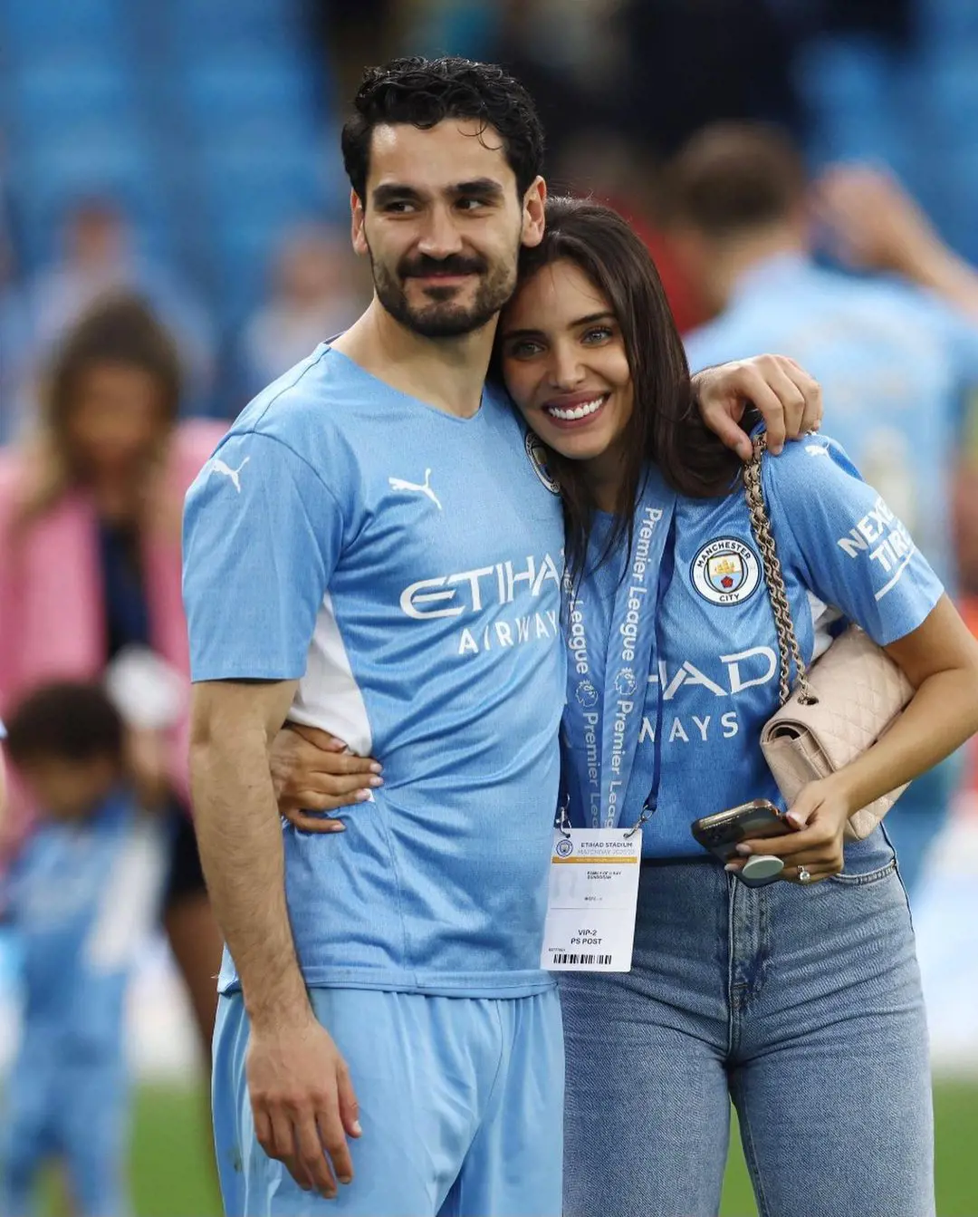Ilkay Gundogan and his lovely wife Sara Arfaoui at Etihad after Man City clinched their sixth Premier title in May 2022