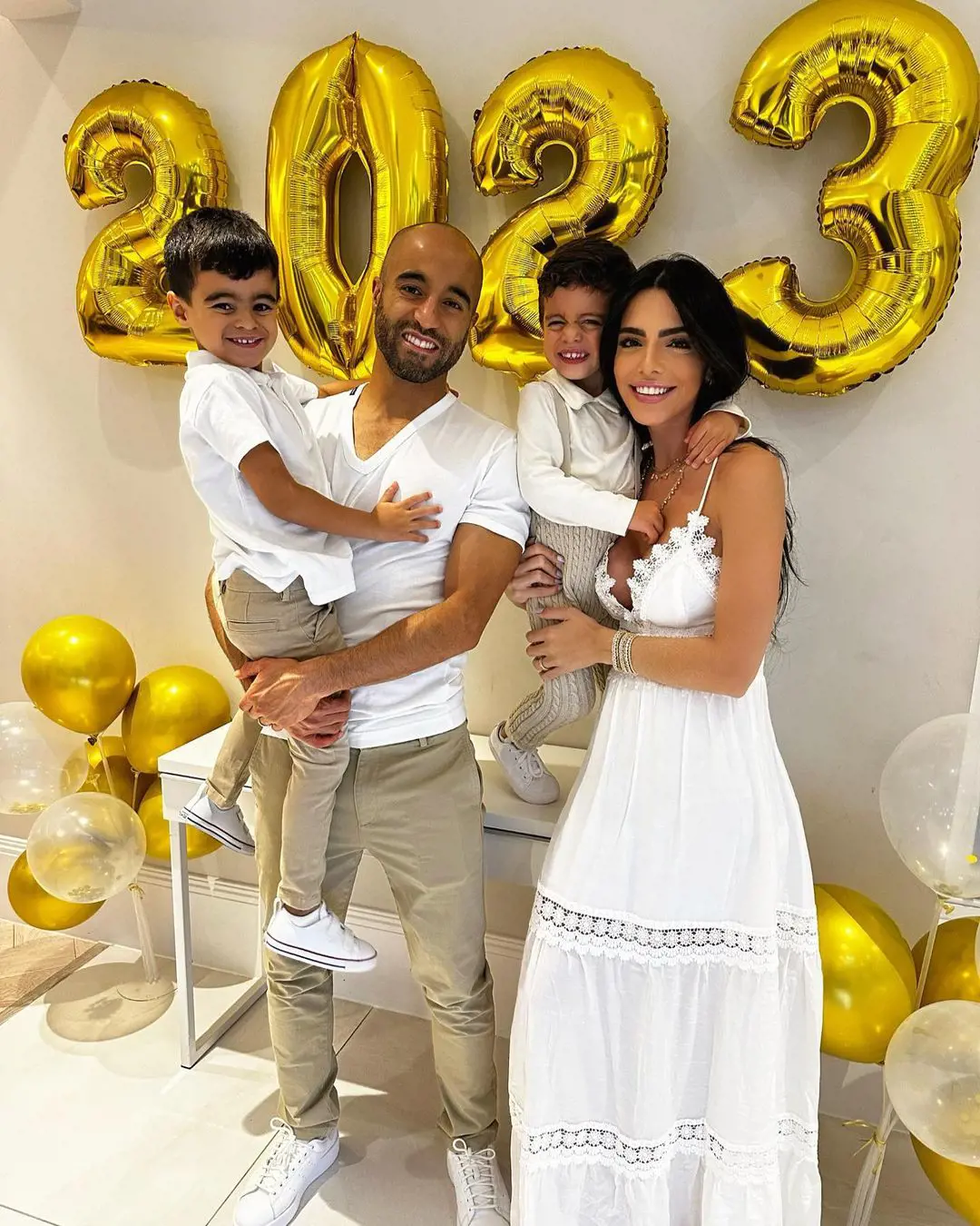 Lucas Moura celebrating New Year with his wife Larissa Saad and his two sons Miguel and Pedro on January 1st 2023