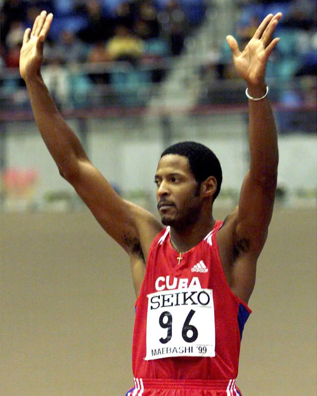 Javier Sotomayor acknowledges the crowd as he gets ready for his leap 
