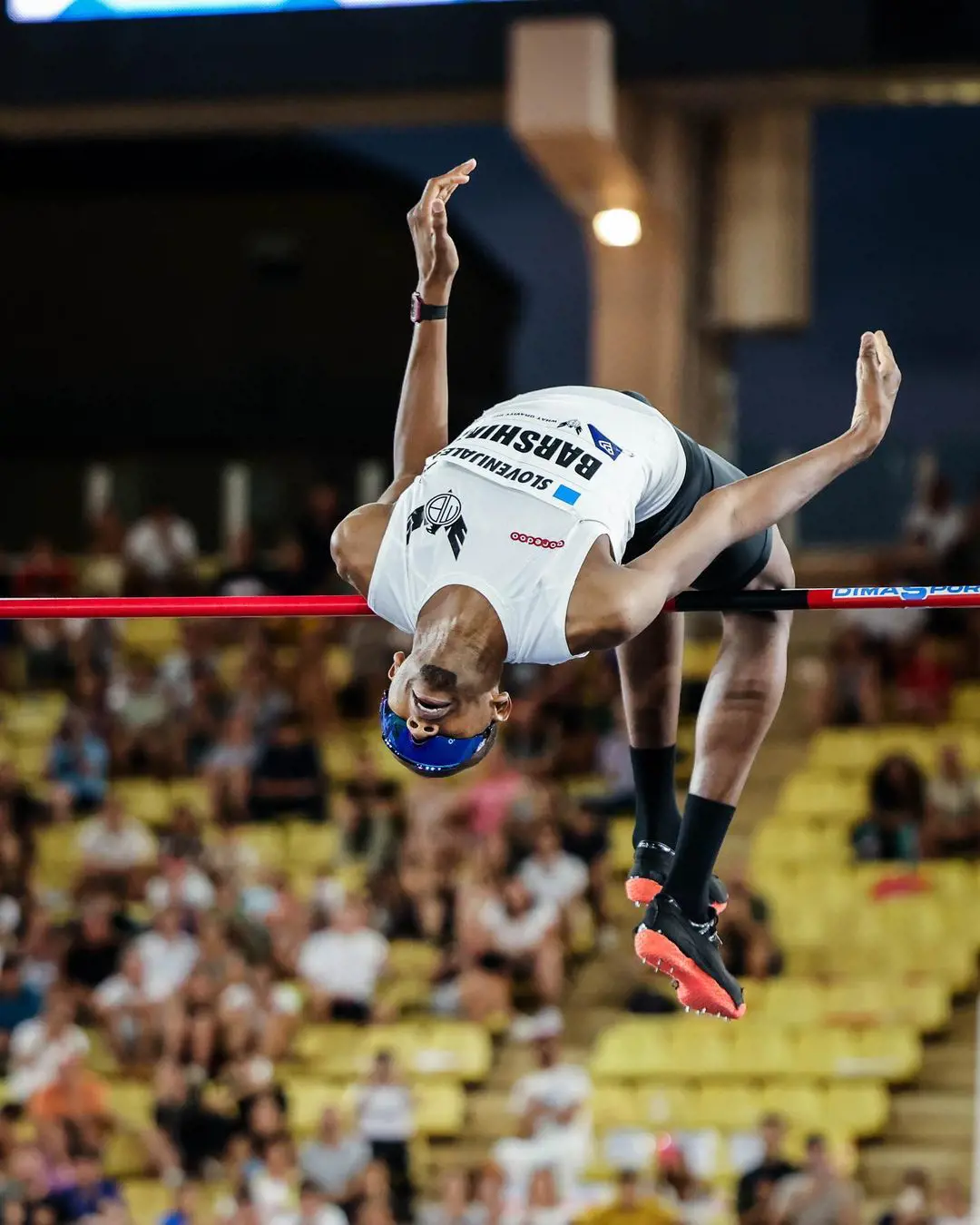 Mutaz Essa Barshim pictured leaping over the bar as he clears 2.30 meters in the Diamond League in 2022
