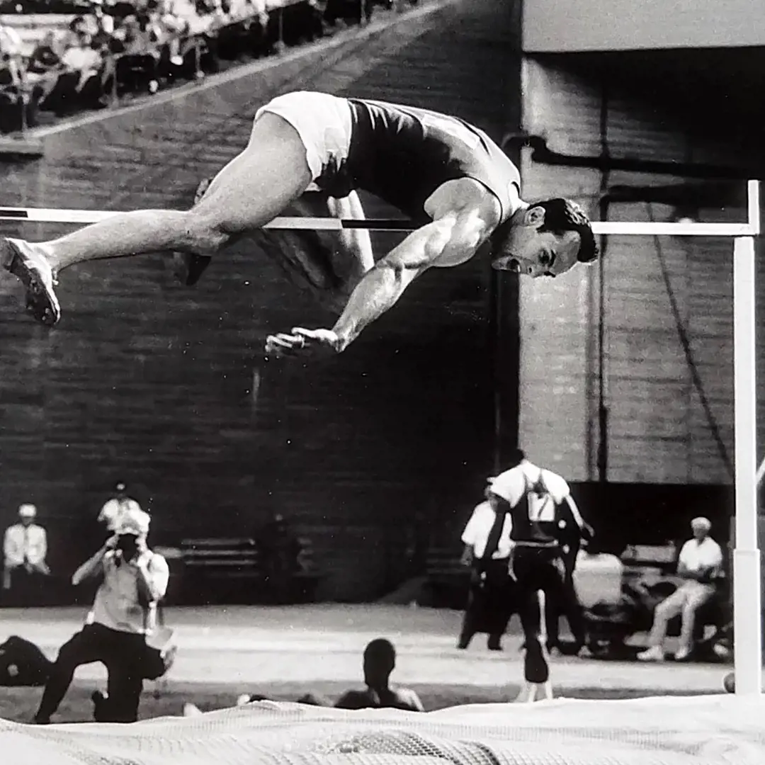 Valeriy Brumel pictured leaping over the bar using the straddle technique in the Olympic games