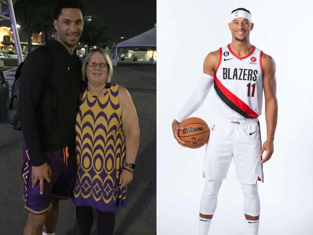 (Right) Hart poses for a portrait donning the Trail Blazers 11 number jersey and holding Wilson basketball
