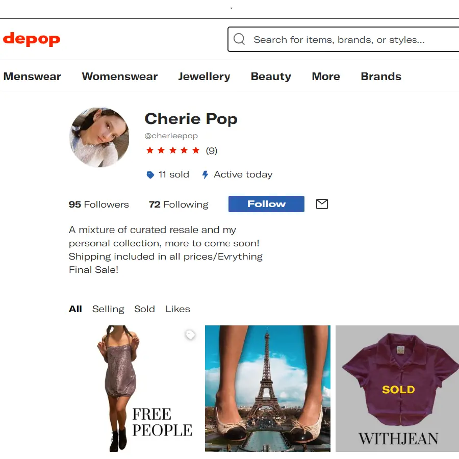 Sasha's Depop profile where she sells her personal collection
