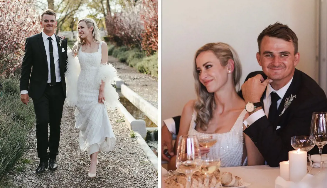 Christiaan and Kristen (left photo) at their ceremony and reception party (right photo) in 2021.