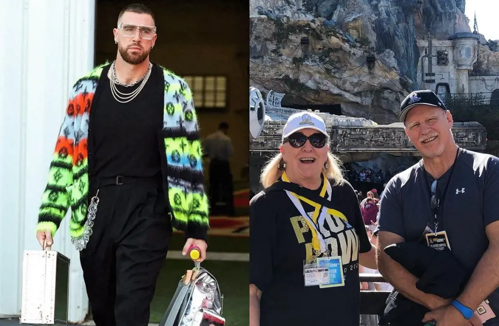 Travis mom Donna and dad Ed before the Pro Bowl game in January 2020. Behind them is a life size decoy of Star Wars Millennium Falcon ship.