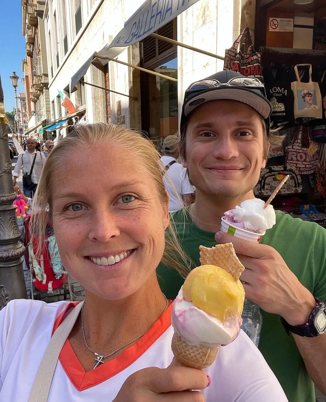 Shelby and John strolling in the city of Rome enjoying ice cream on a hot day in May 2022