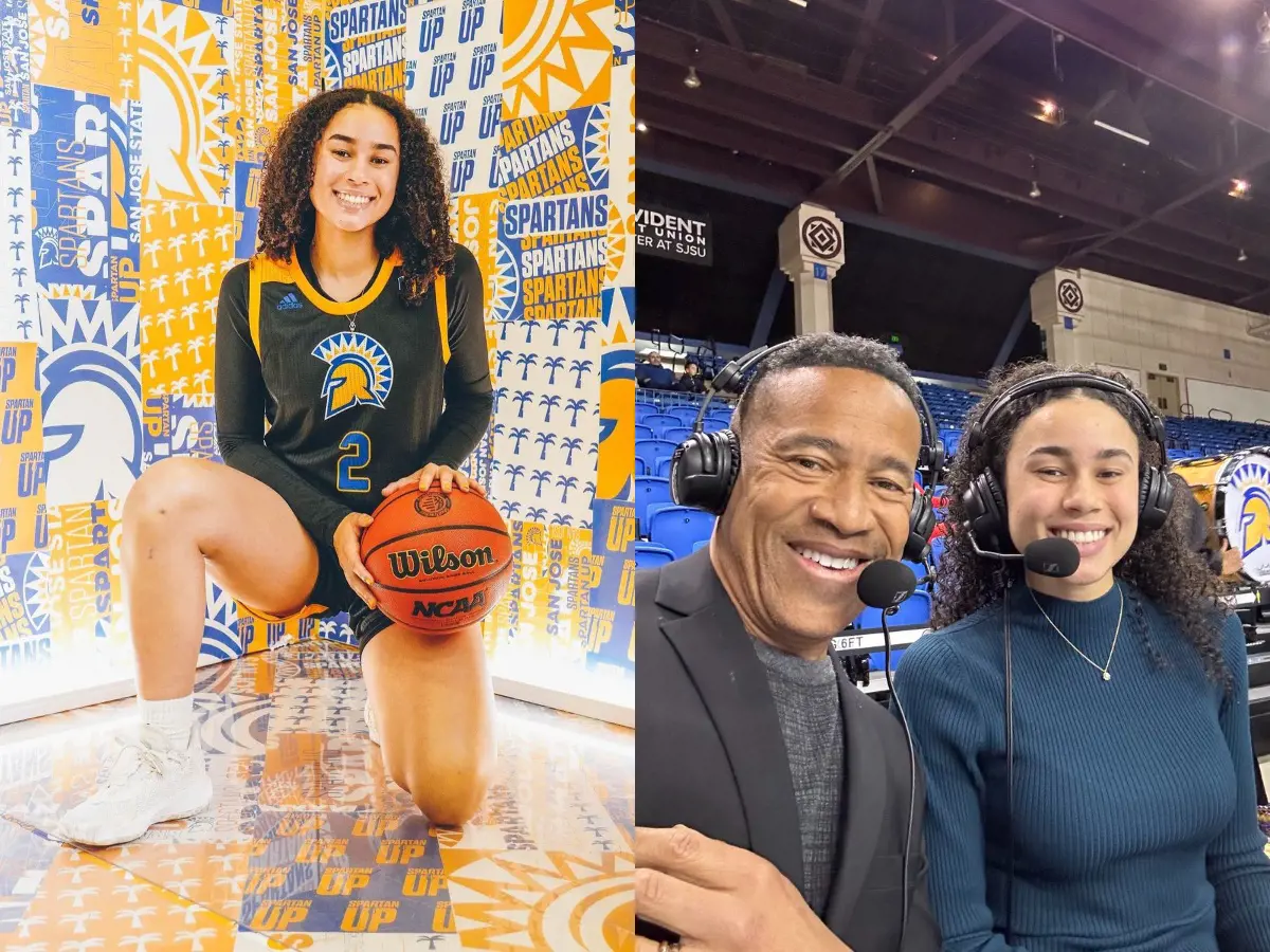 Mark joined by Sophia, a SJSU point guard in a commentary box for the NCAA game in February 2023