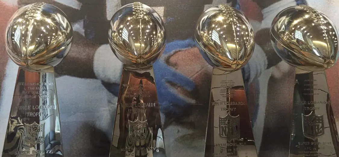 The Giants' Super Bowl trophies from each win in the last four decades.