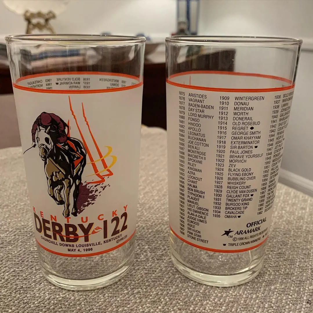 Classic Kentucky Derby 122 glass with the winner of the competition written from 1875 to 1996