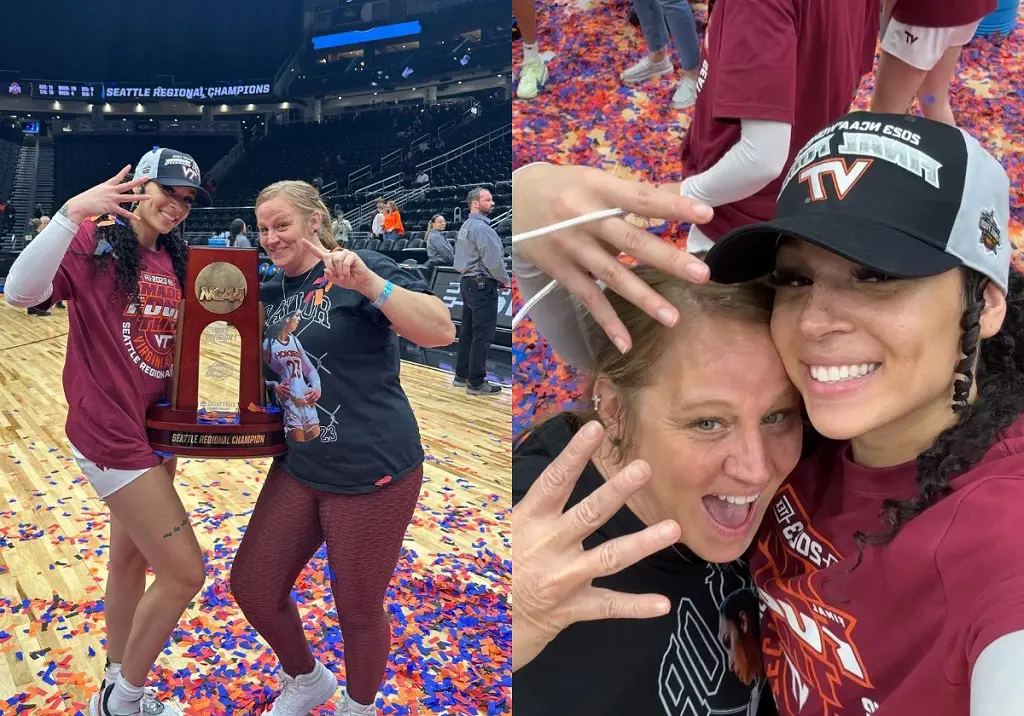 Kayana celebrates with Danielle after winning the ACC championship trophy in Greensboro, March 2023