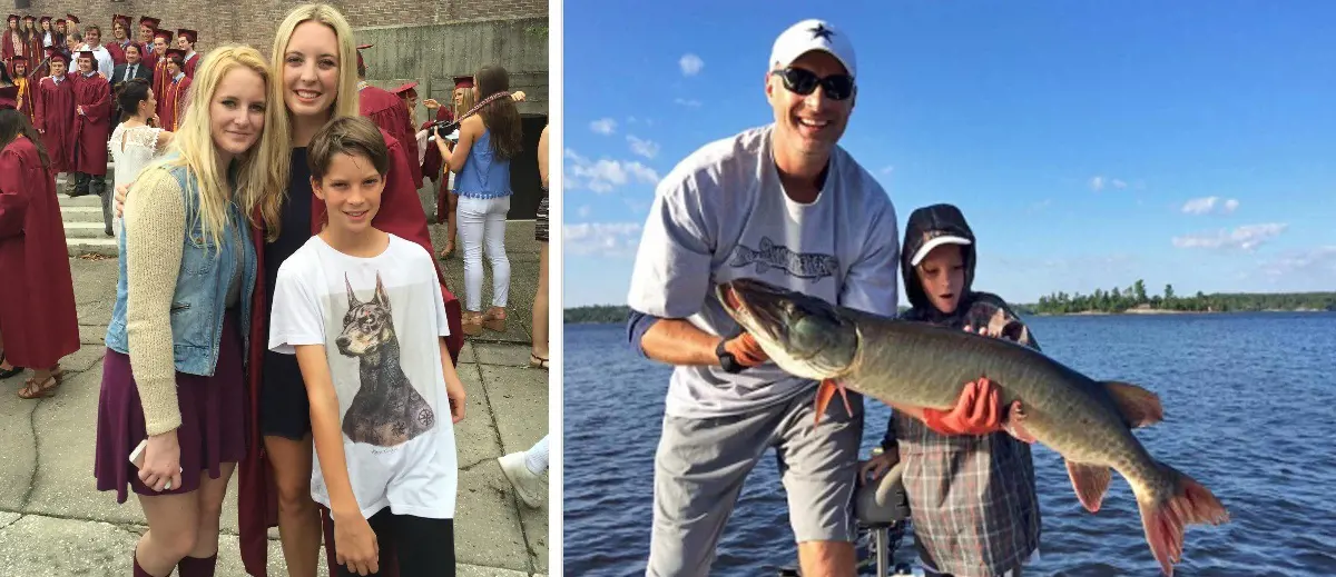 Christian and Tor (left photo) holding a muskie during their fishing spree in the summer of 2014.