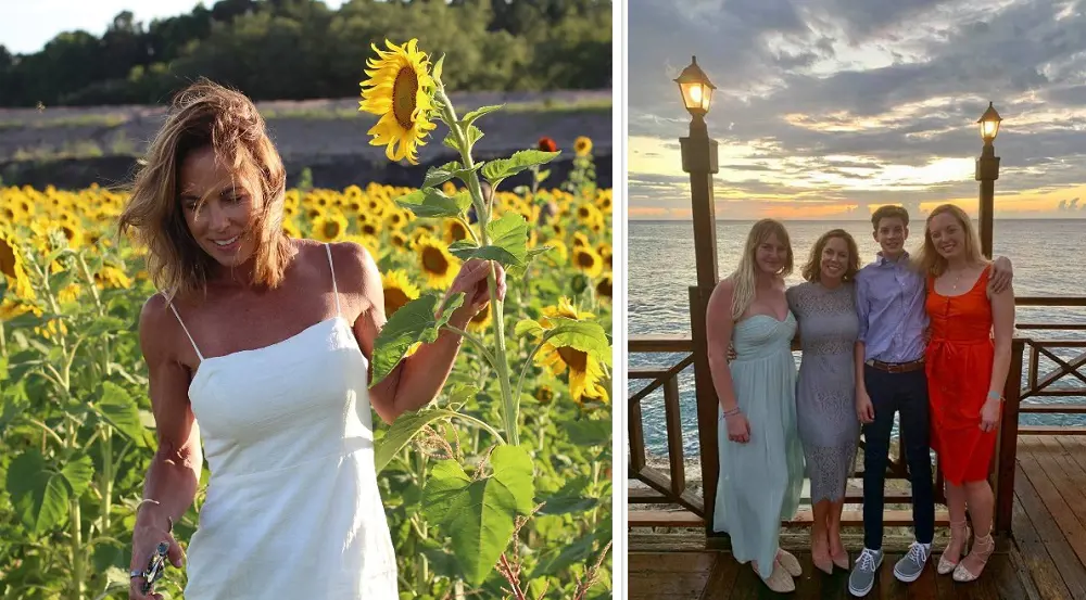 Lisa (left photo) during one of her exotic trip to a sunflower field in May 2020.
