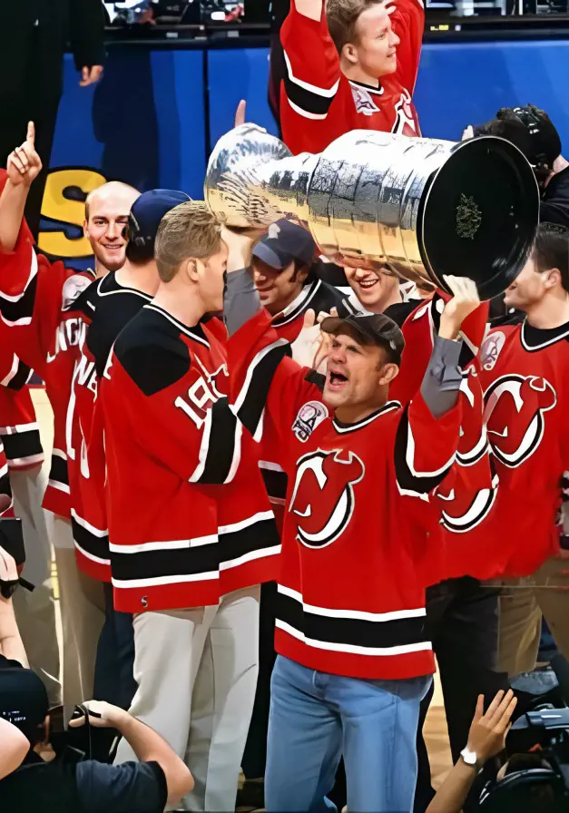 The Devils displaying their trophy at the Continental Airlines Arena on June 11, 2003.