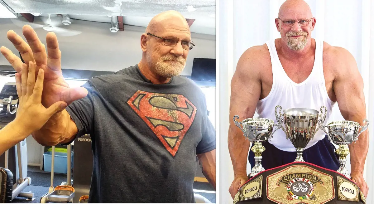 Lupkes with his U.S. armwrestling nationals trophies (right photo) from 2009 and 2010.
