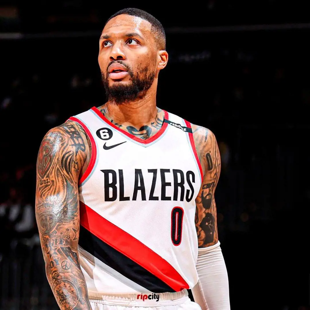 Damian Lillard stares at audience during an NBA game in February 2023