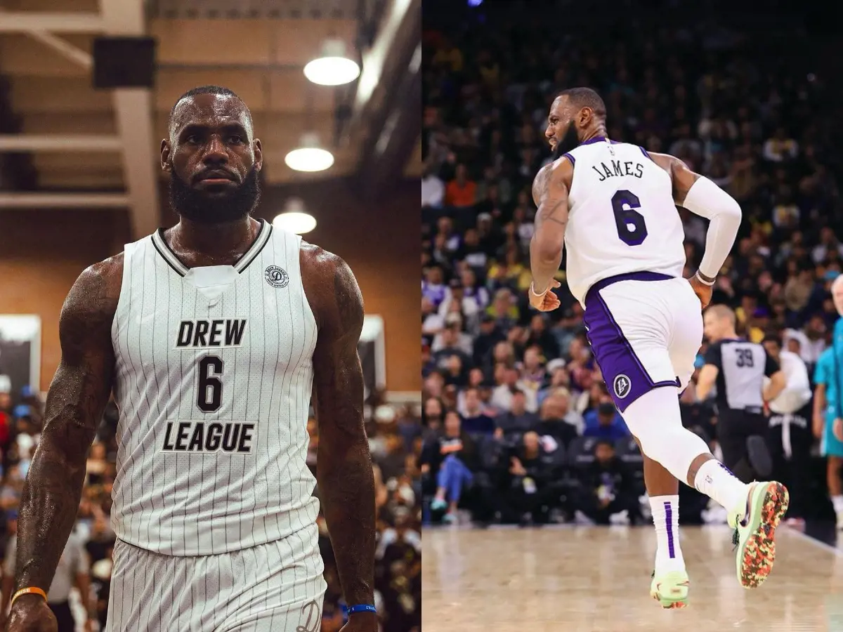 LeBron James playing during Drew League in July 2022
